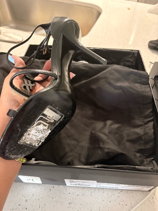 Yves Saint Laurent Black Leather T-Strap Heels with Gold YSL Logo - Picture 7 of 8